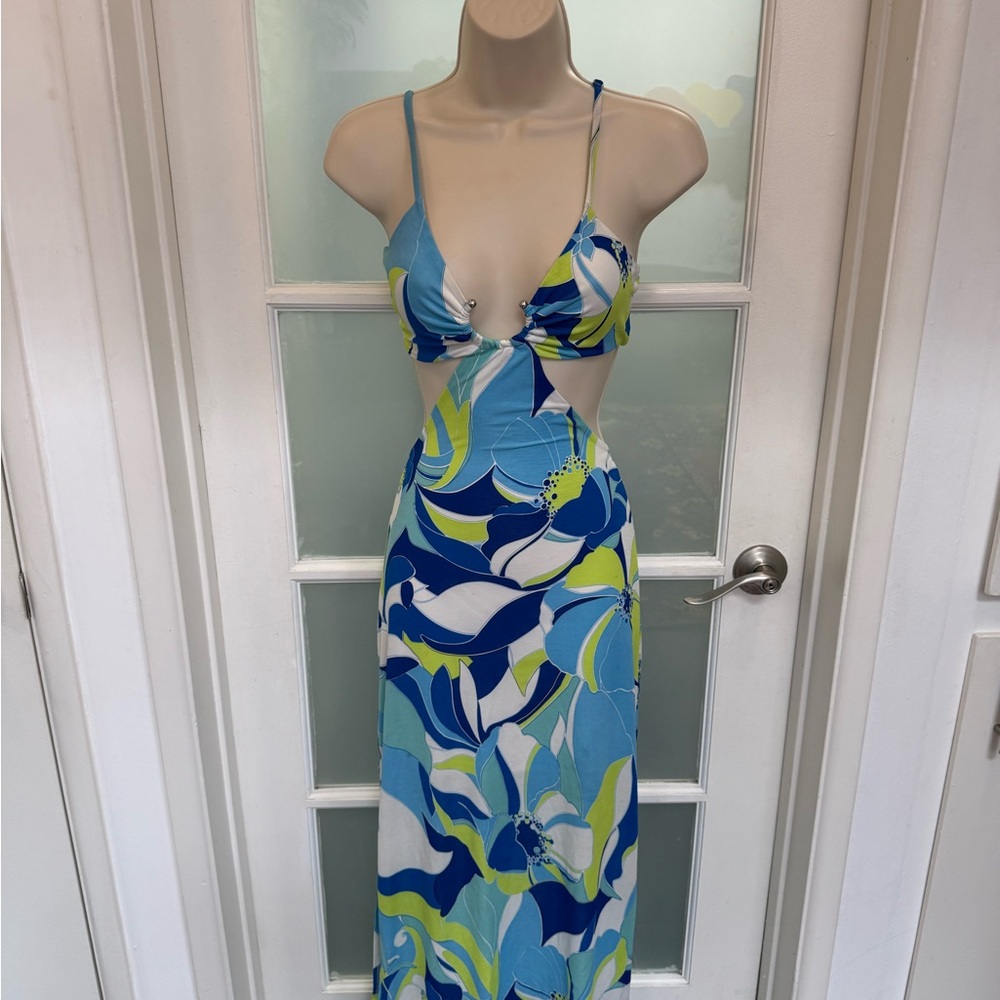 Blue and Green Floral Cutout Maxi Dress